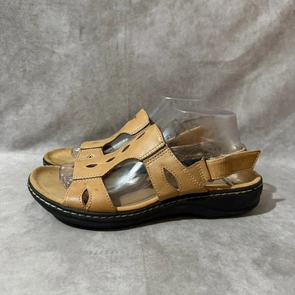 Clarks Cushion Soft Sandals Womens 9 Tan Good Leather Slingback Laser Cut 1102